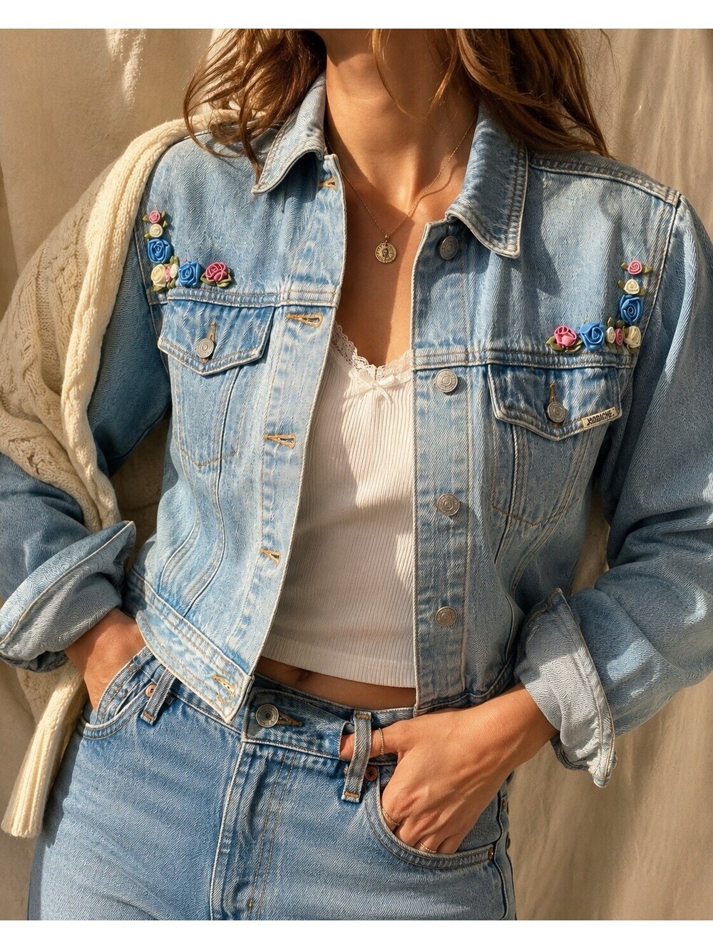 Vintage Jordache Floral Ribbon Denim Trucker Jacket Cropped Y2K Cottagecore